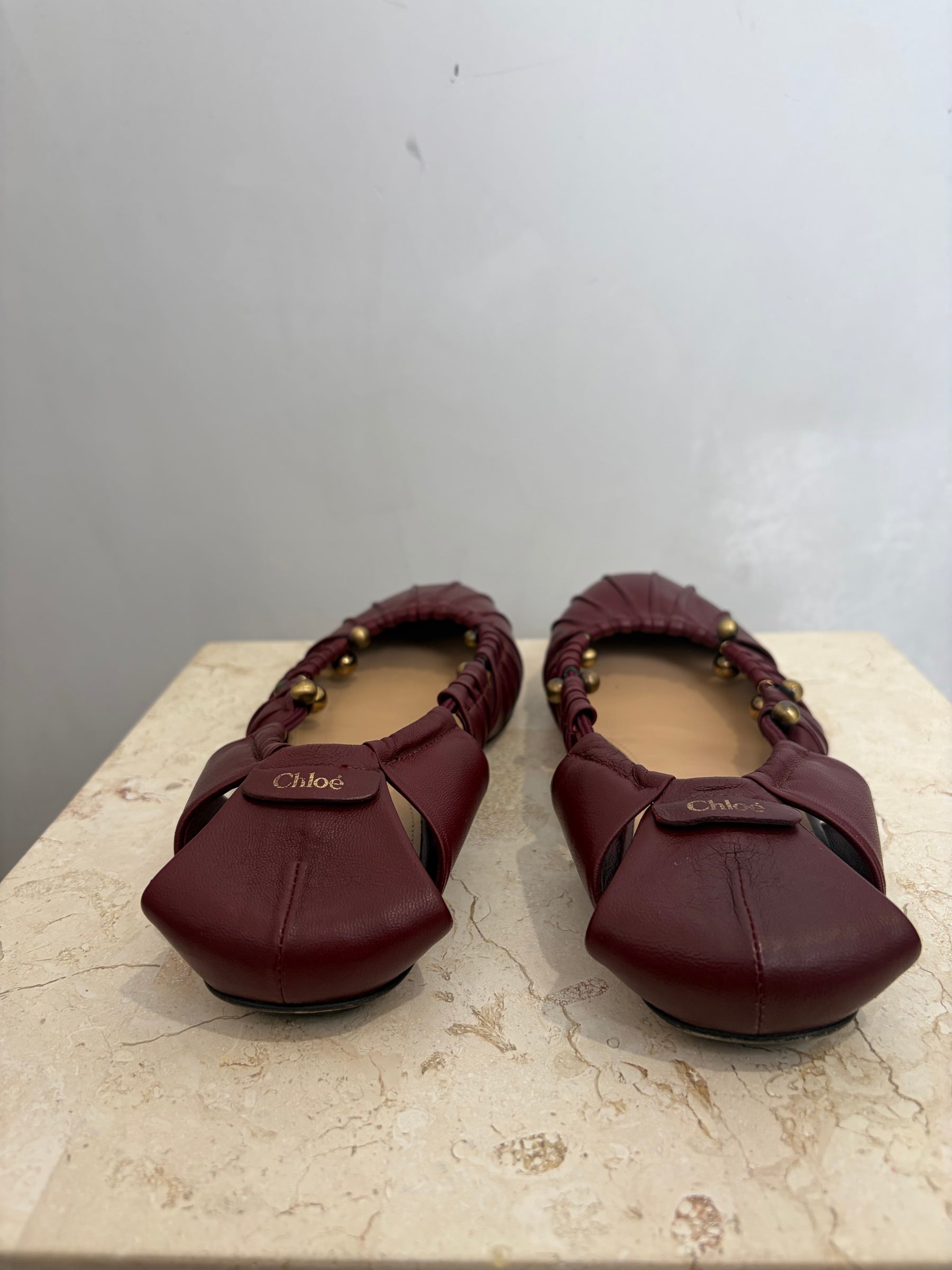 Chloe Burgundy Leather Beaded Cut Out Ballet Flats, 37