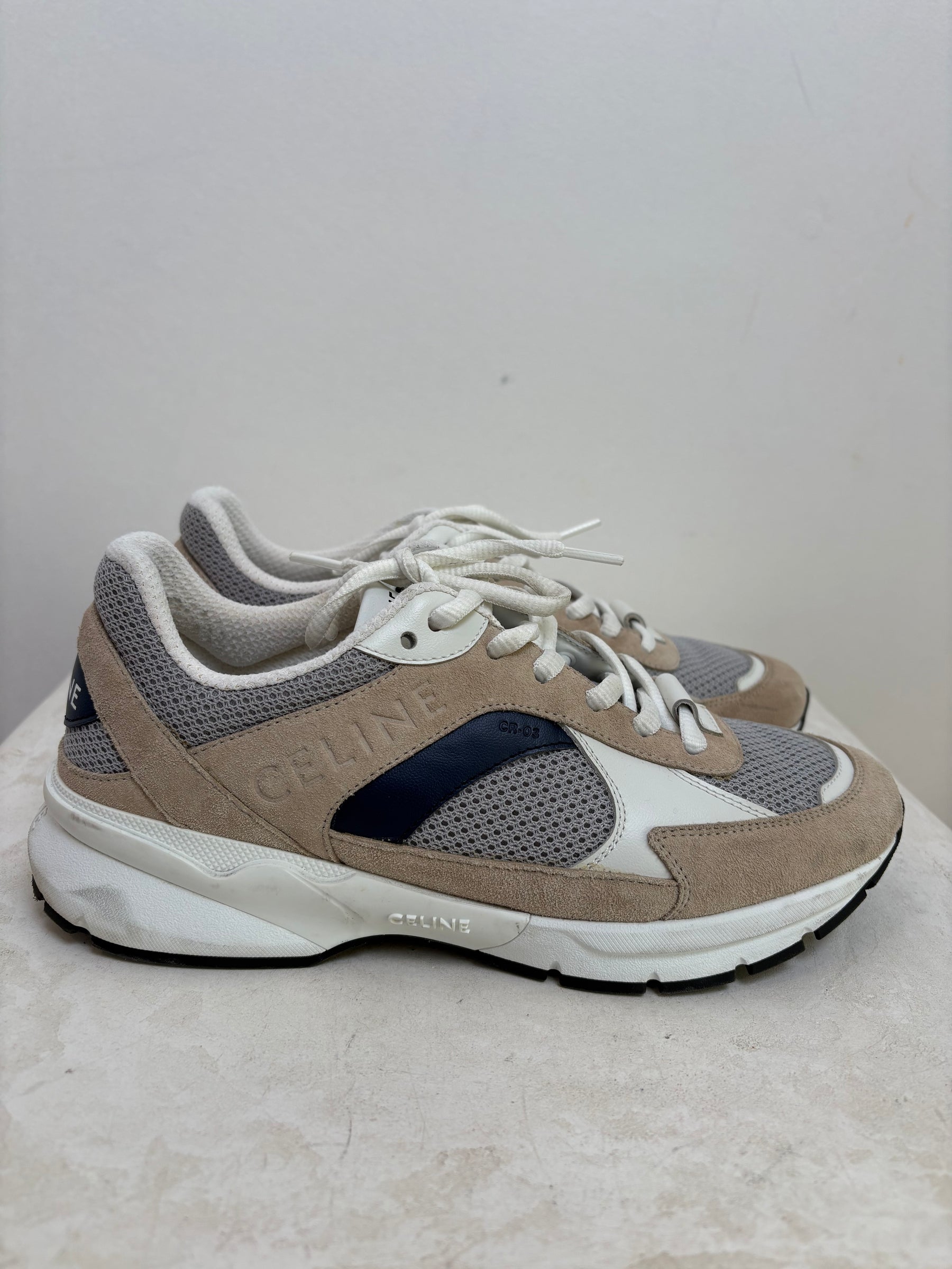 Celine Mesh and Calfskin Optic White Beige Navy Low Top Sneakers, 38