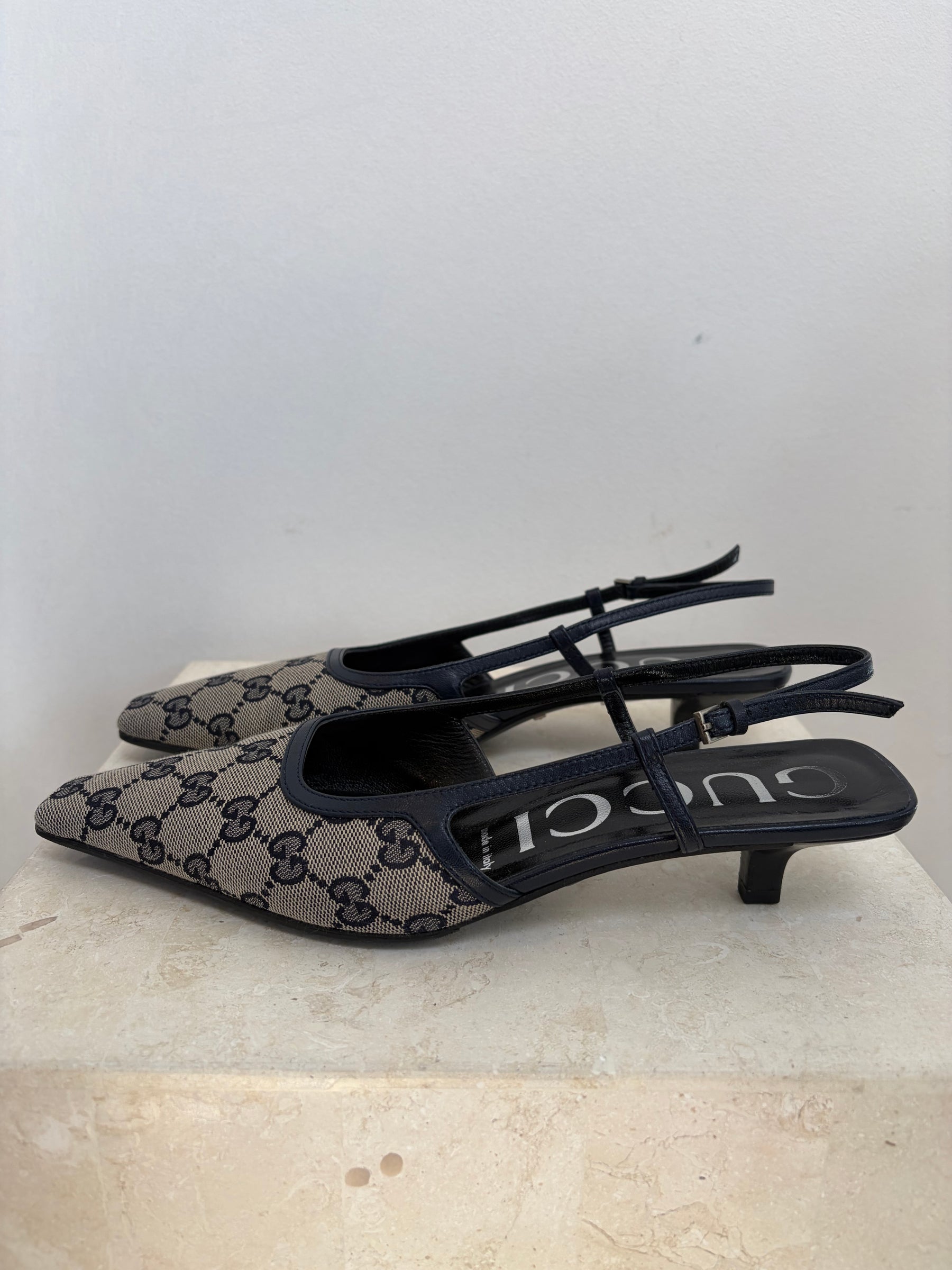 Gucci Navy and Beige Monogram Slingbacks, 38