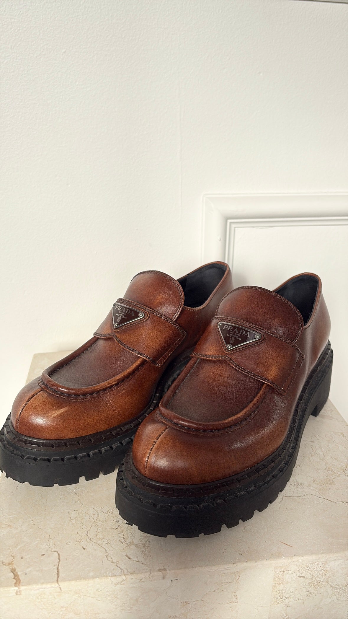 Prada Logo Leather Platform Loafers, 39