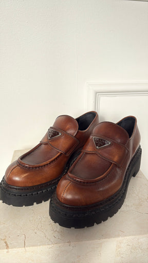 Prada Logo Leather Platform Loafers, 39
