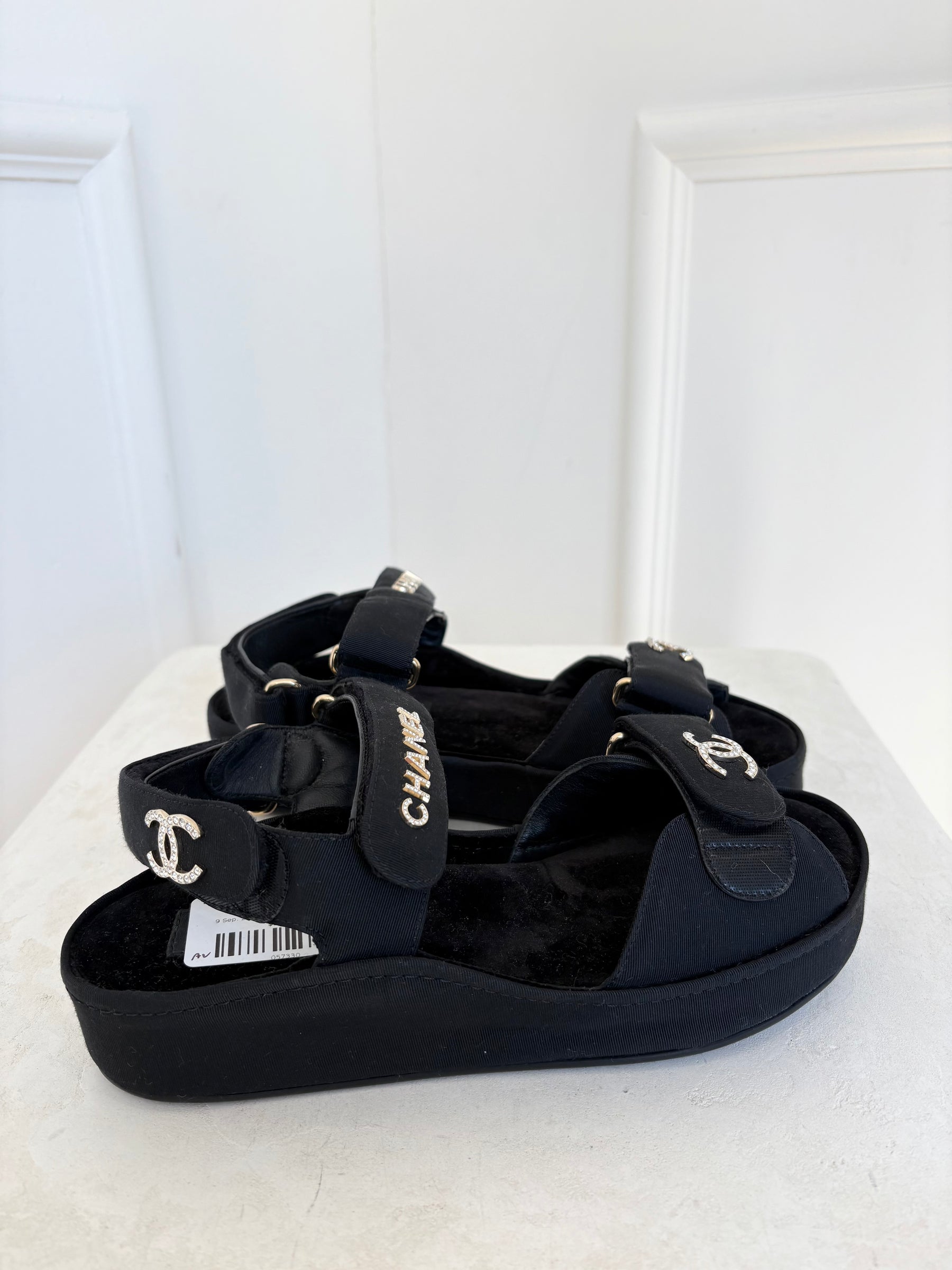 Chanel Black Canvas Platform Crystal Logo Sandals, 36C