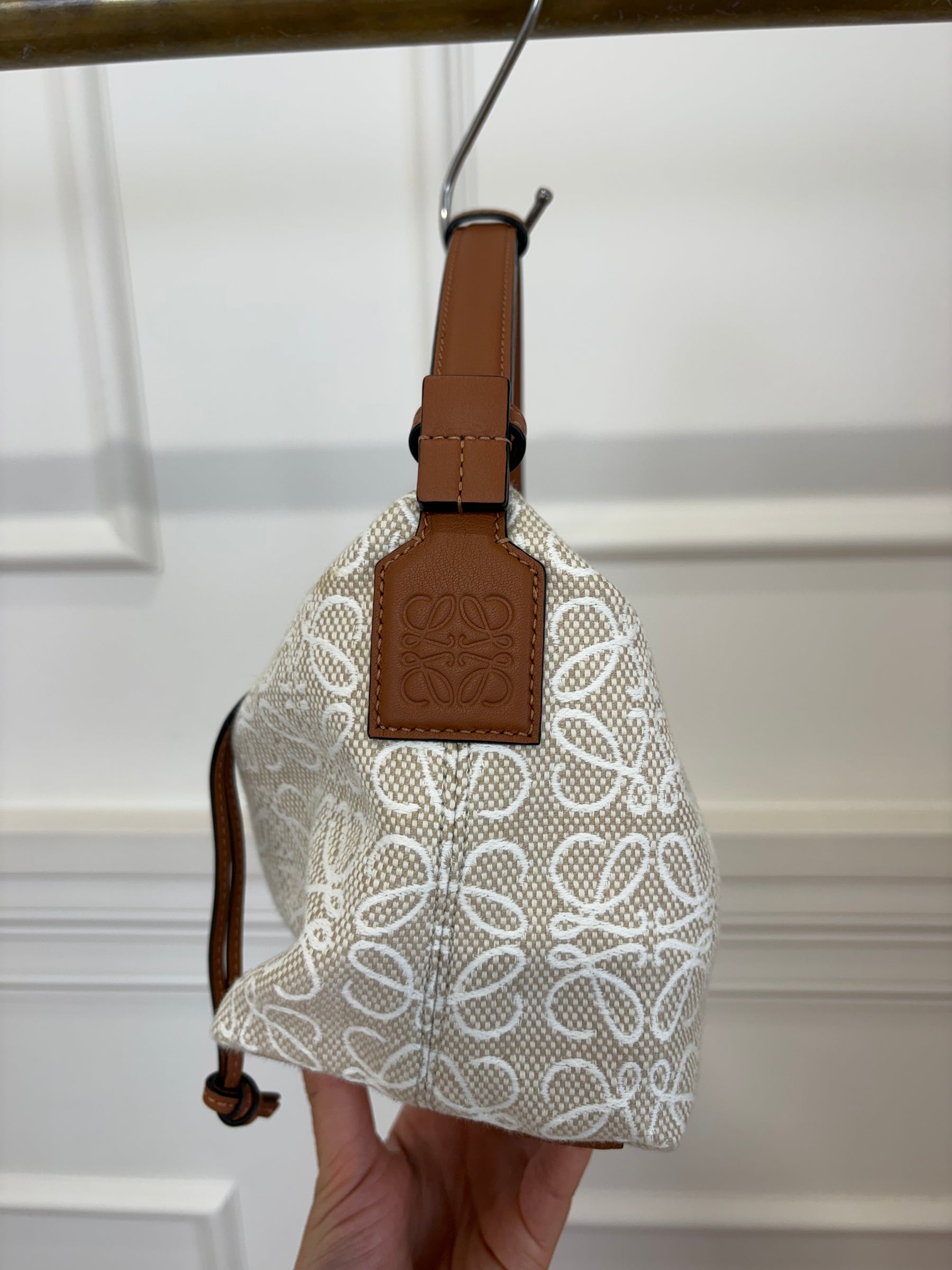 Loewe Beige and White Canvas Anagram Cubi Small Bag with Tan Leather