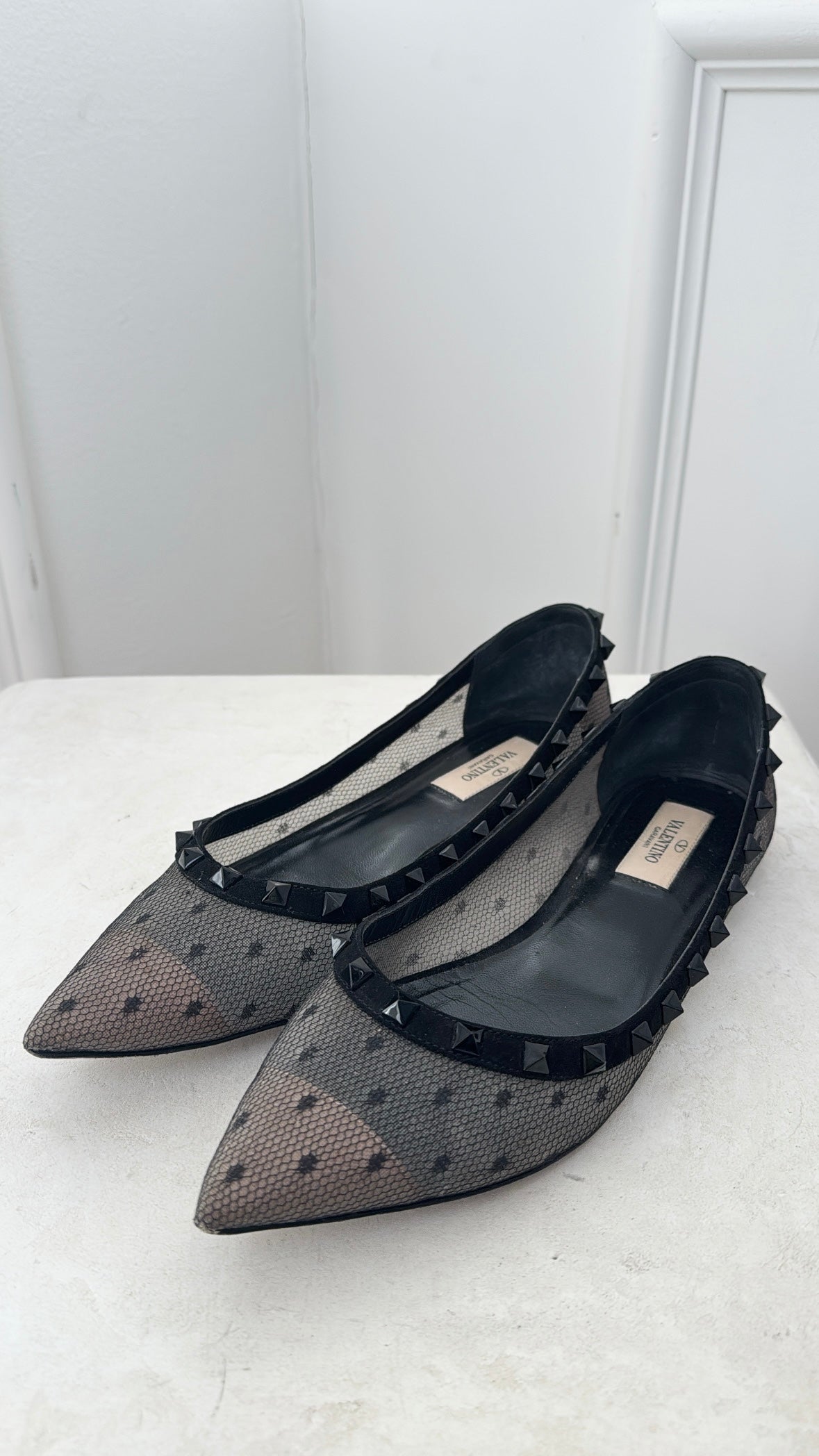 Valentino Garavani Black Mesh Spotted Rockstud Flats, 39
