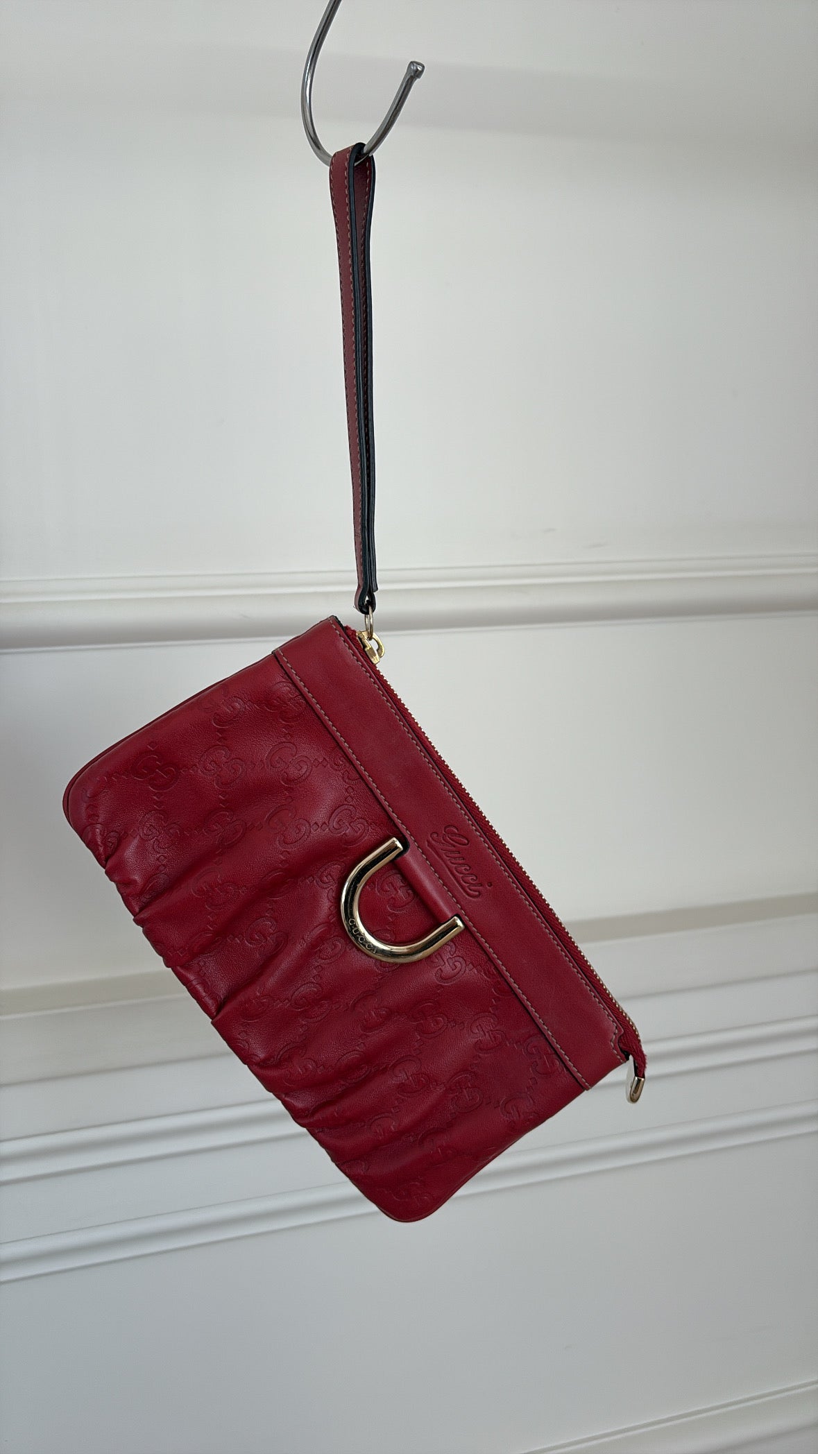 Gucci Red Monogram Embossed leather Wristlet Pouch