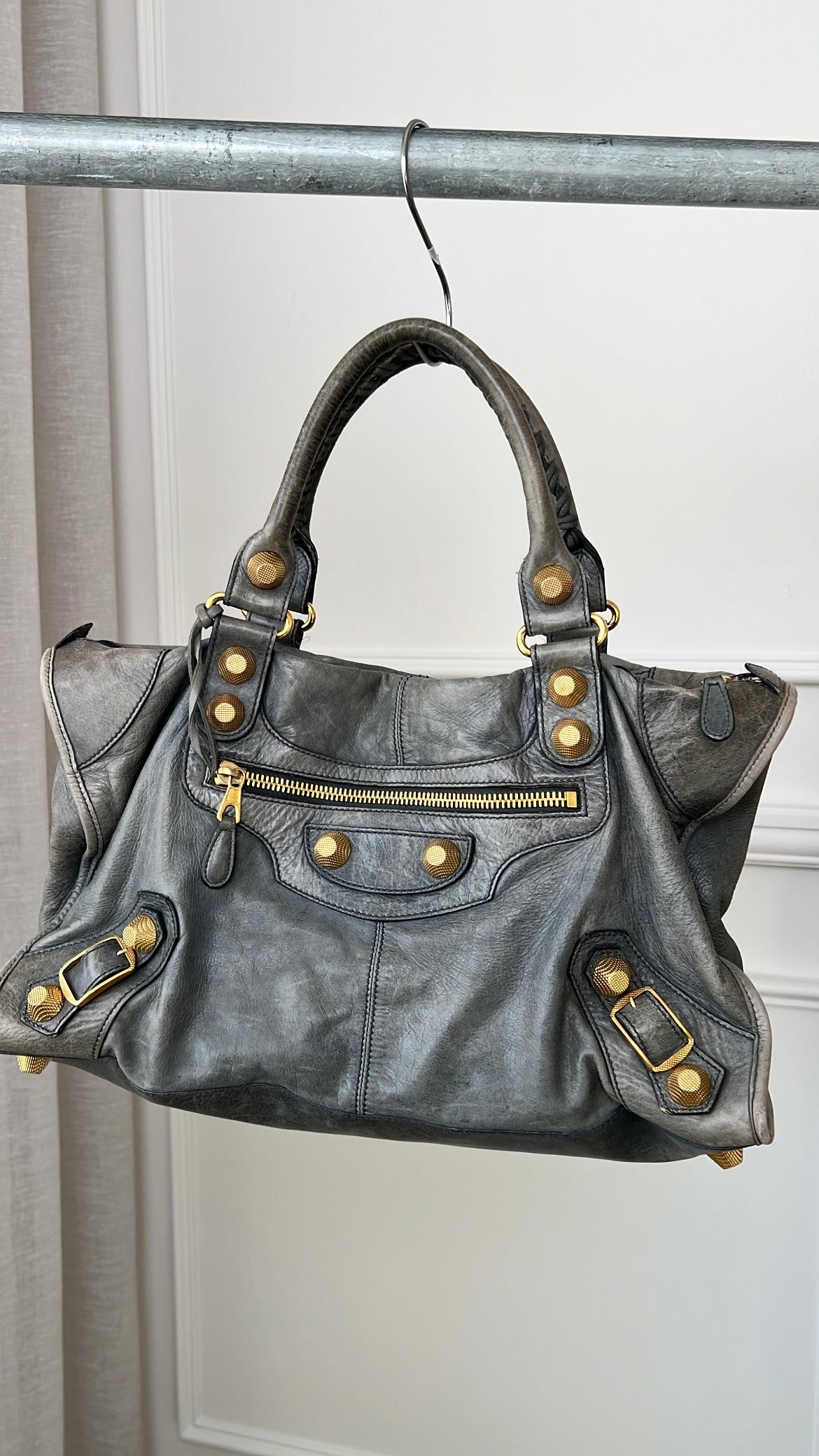 Balenciaga Grey Distressed City Bag Gold Tone Hardware