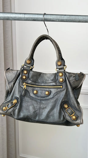 Balenciaga Grey Distressed City Bag Gold Tone Hardware