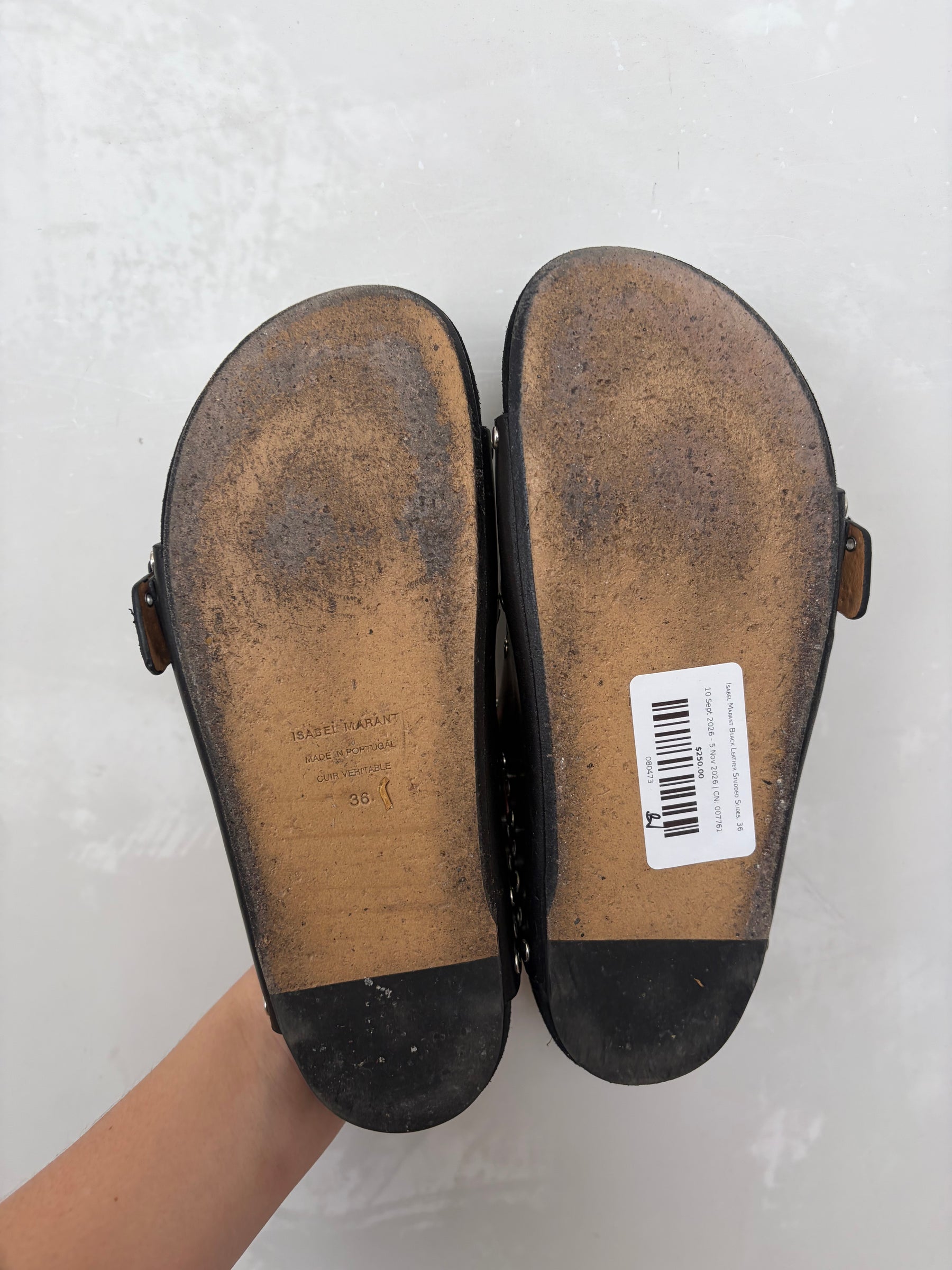 Isabel Marant Black Leather Studded Slides, 36