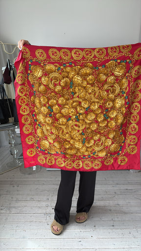 Chanel Silk Red And Gold Printed Scarf