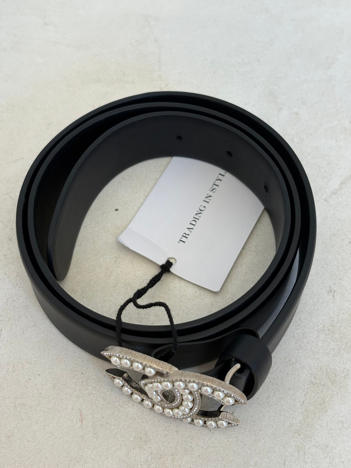 Chanel Black Leather Pearl Embellished Logo Belt, 85
