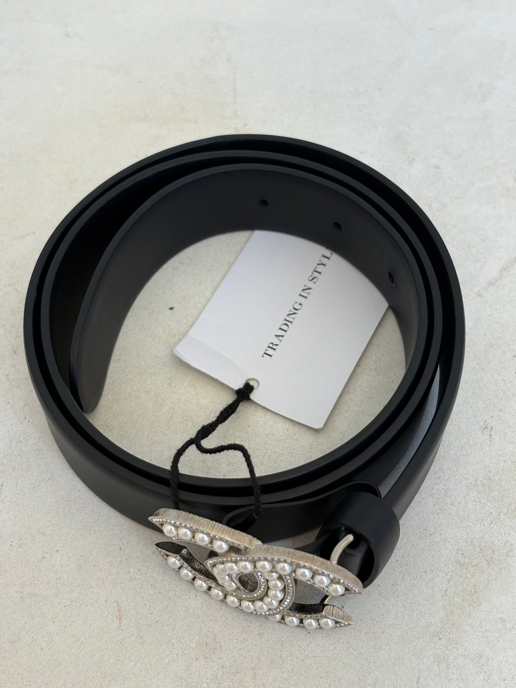 Chanel Black Leather Pearl Embellished Logo Belt, 85