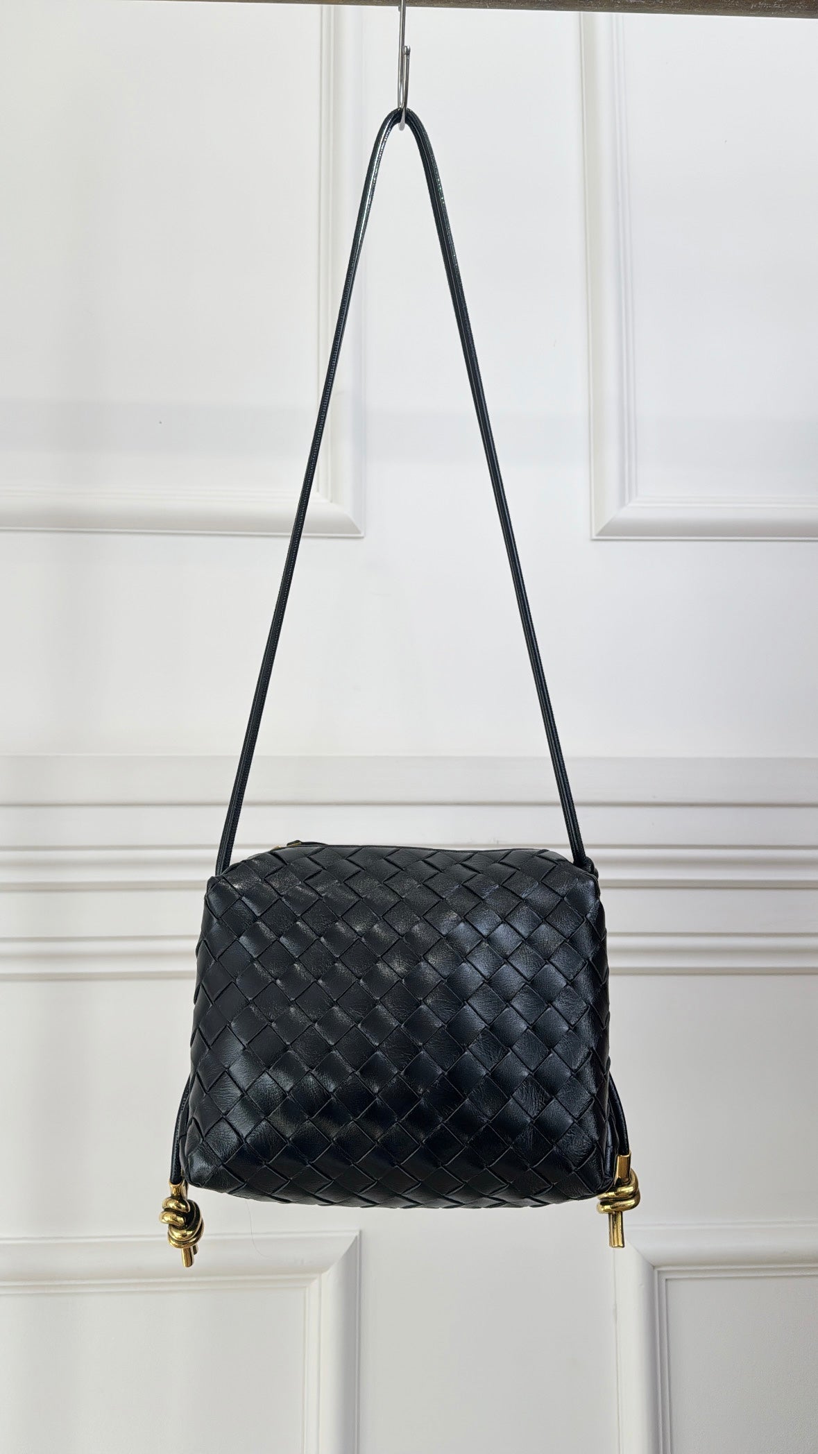 Bottega Veneta Black Patent Intrecciato Leather Small Loop Bag