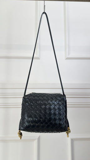 Bottega Veneta Black Patent Intrecciato Leather Small Loop Bag