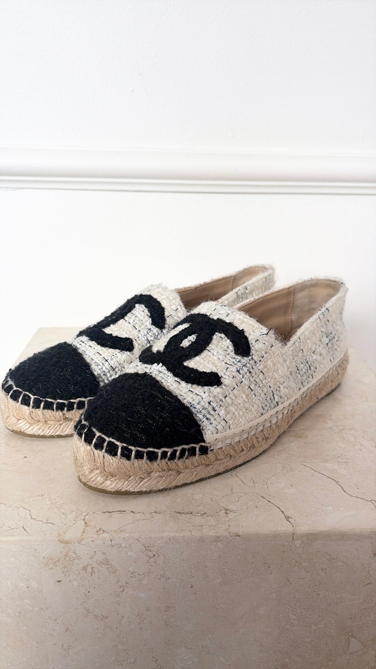 Chanel Cream and Black Tweed Logo Espadrilles, 36