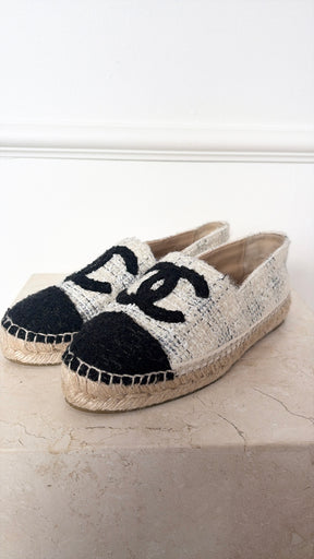 Chanel Cream and Black Tweed Logo Espadrilles, 36