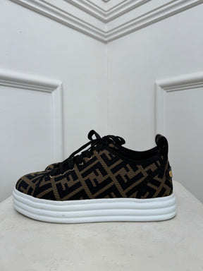 Fendi Black and Brown FF Logo Knit Sneakers, 38