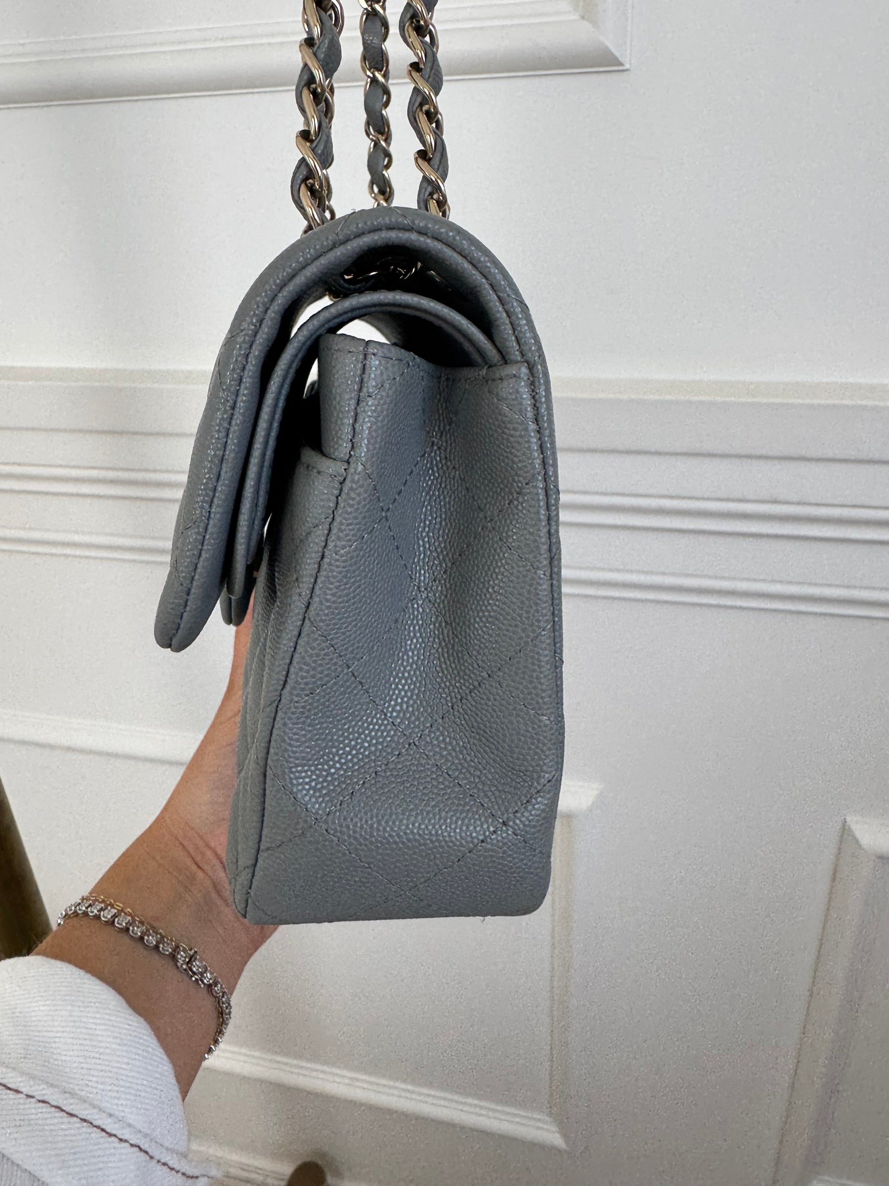 Chanel Small Grey Caviar Leather Flap Bag With Gold Tone Hardware