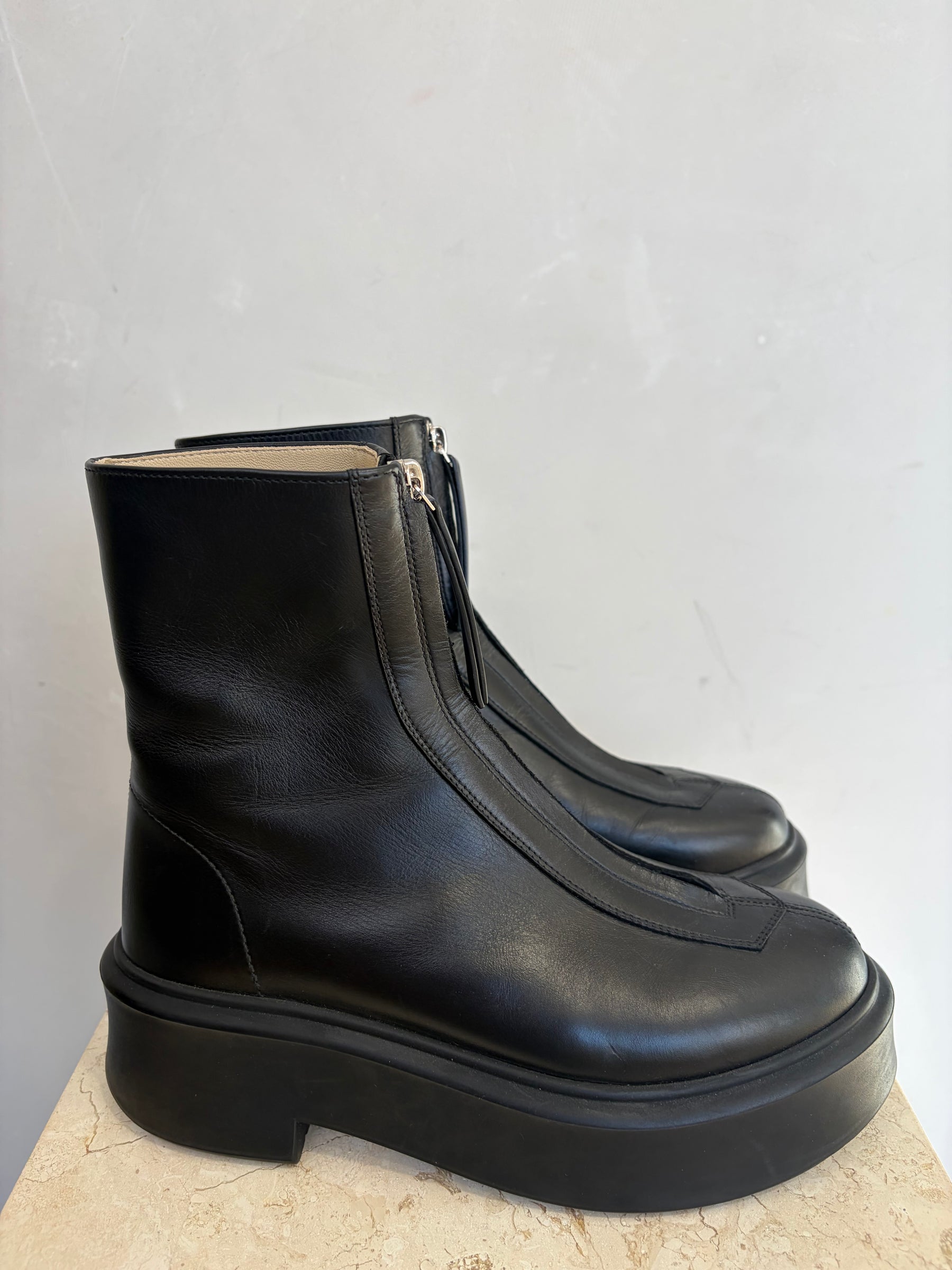 The Row Black Leather Zip Front Boots, 37.5