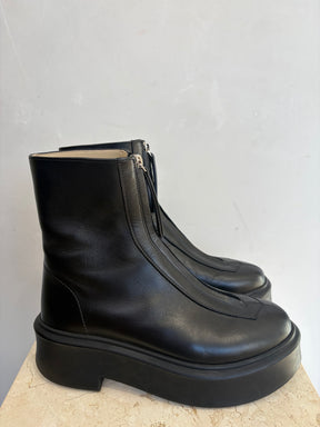The Row Black Leather Zip Front Boots, 37.5