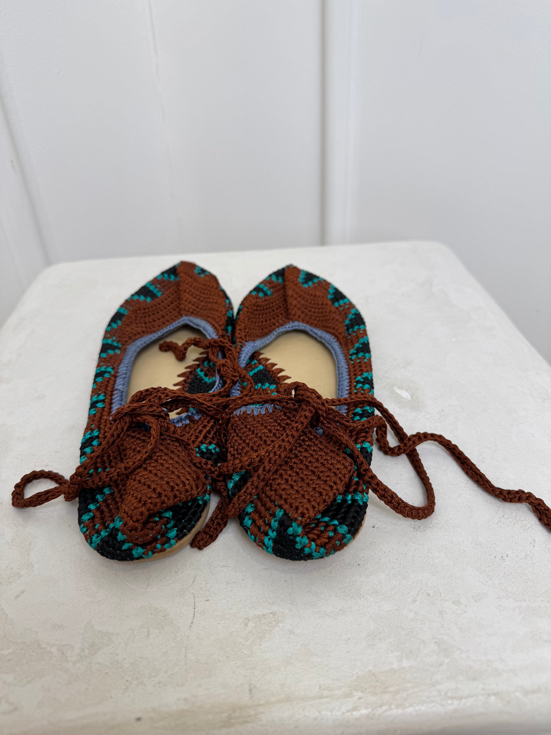 Kashura Brown Crochet Ankle Tie Flats, 9