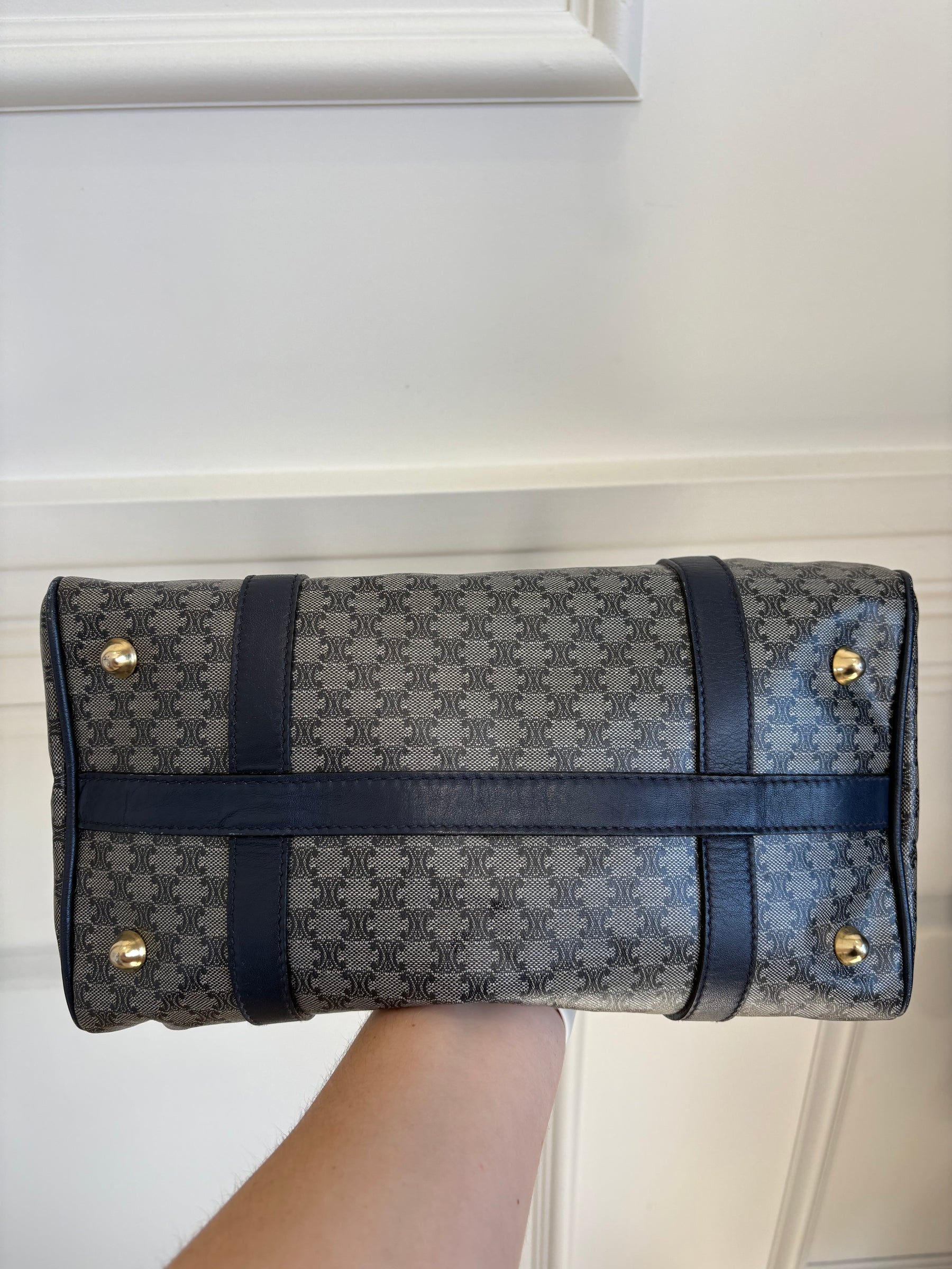 Celine Navy Coated Canvas Triomphe Boston Bag