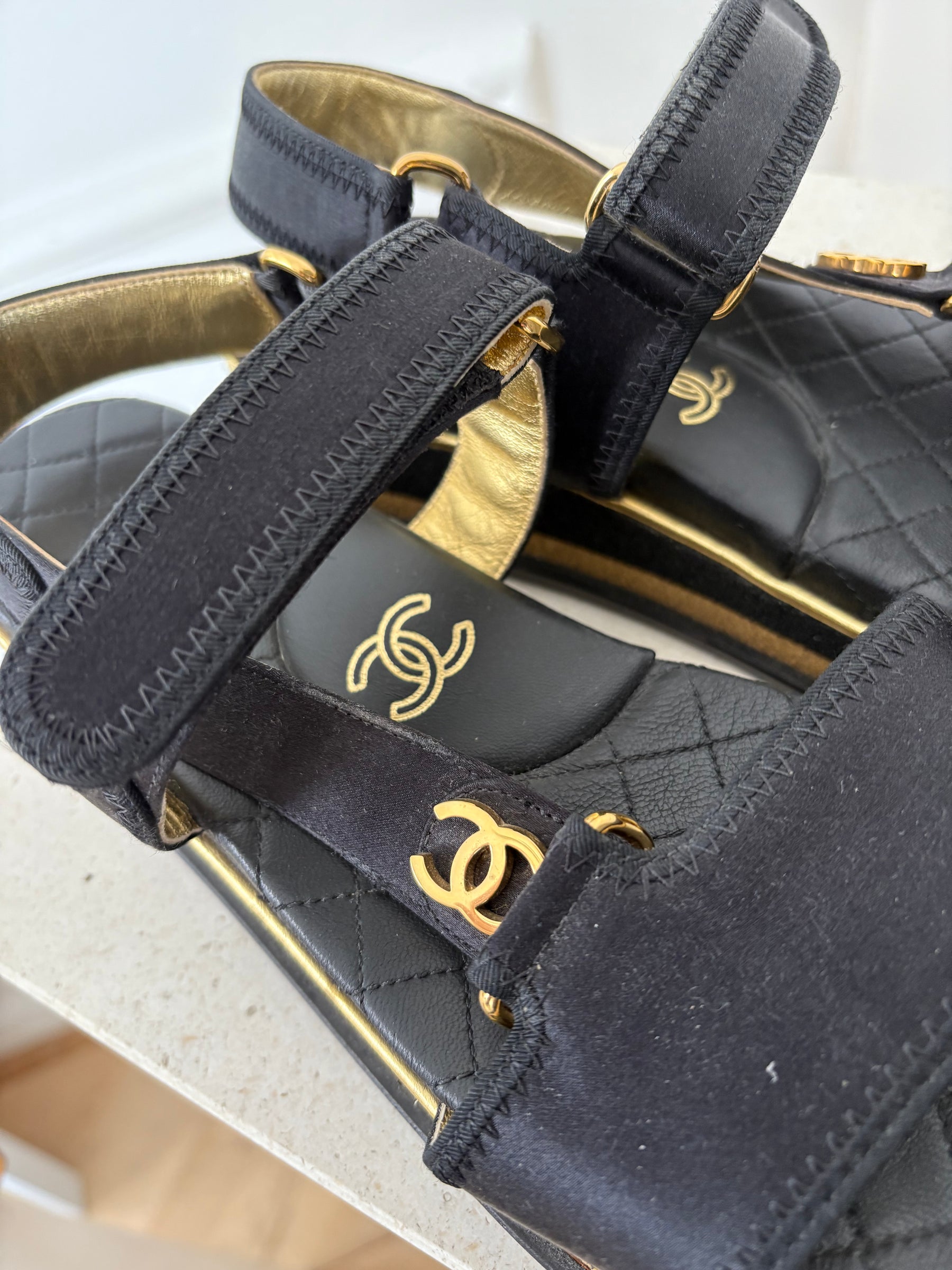 Chanel Black Satin Strappy Platform Sandal, 38.5 C