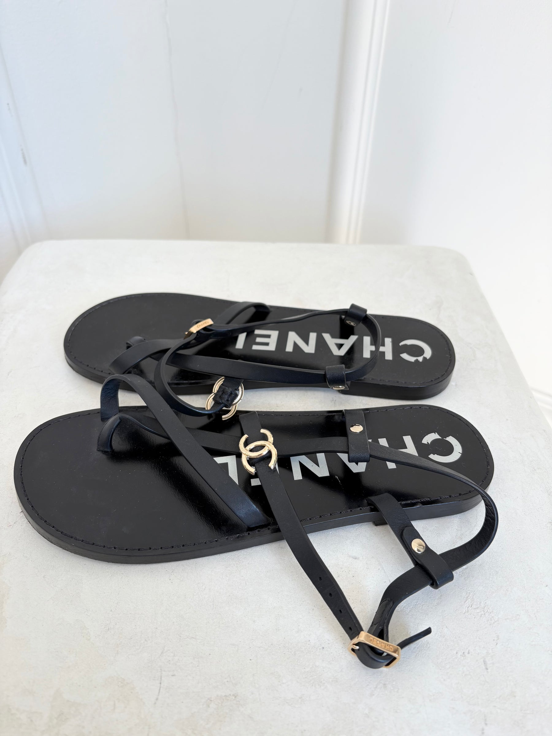 Chanel Black Leather Logo Strappy Sandal, 38
