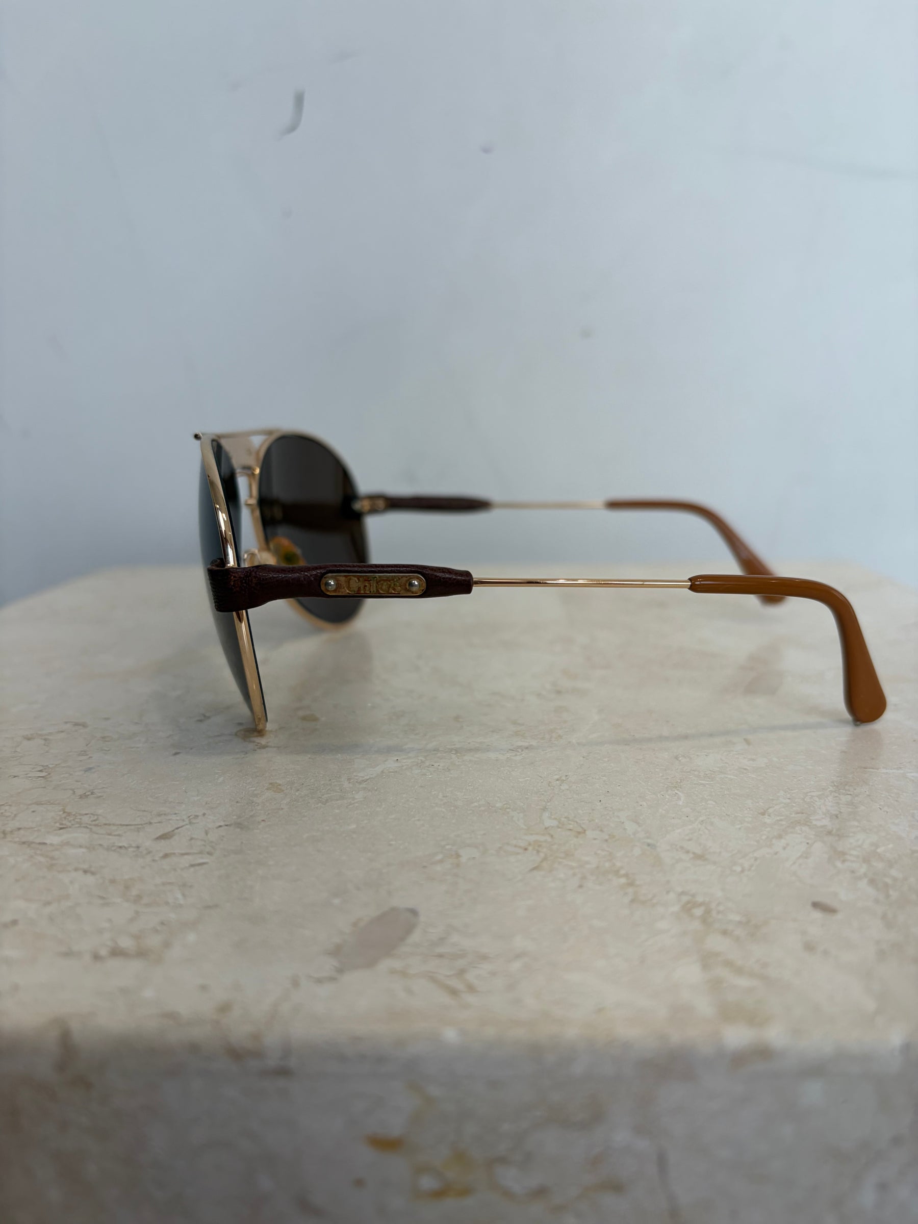 Chloé Gold and Leather Logo Arm Aviator Sungalsses