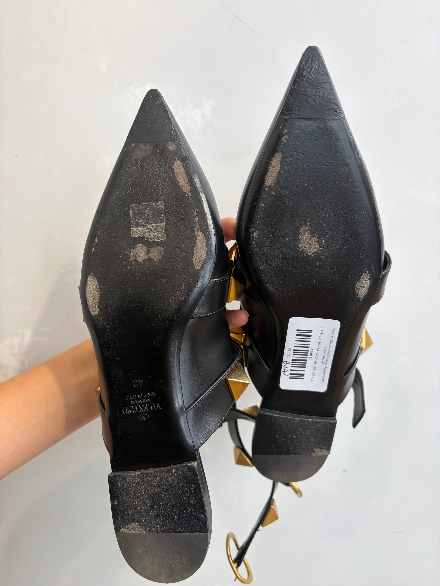 Valentino Garavani Black Leather Pointed Roman Stud Flats, 40