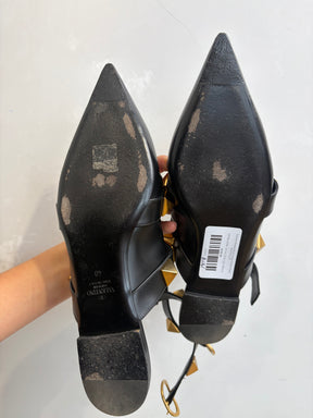 Valentino Garavani Black Leather Pointed Roman Stud Flats, 40