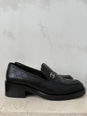Chanel Black Quilted Calfkin Loafers, 39.5C