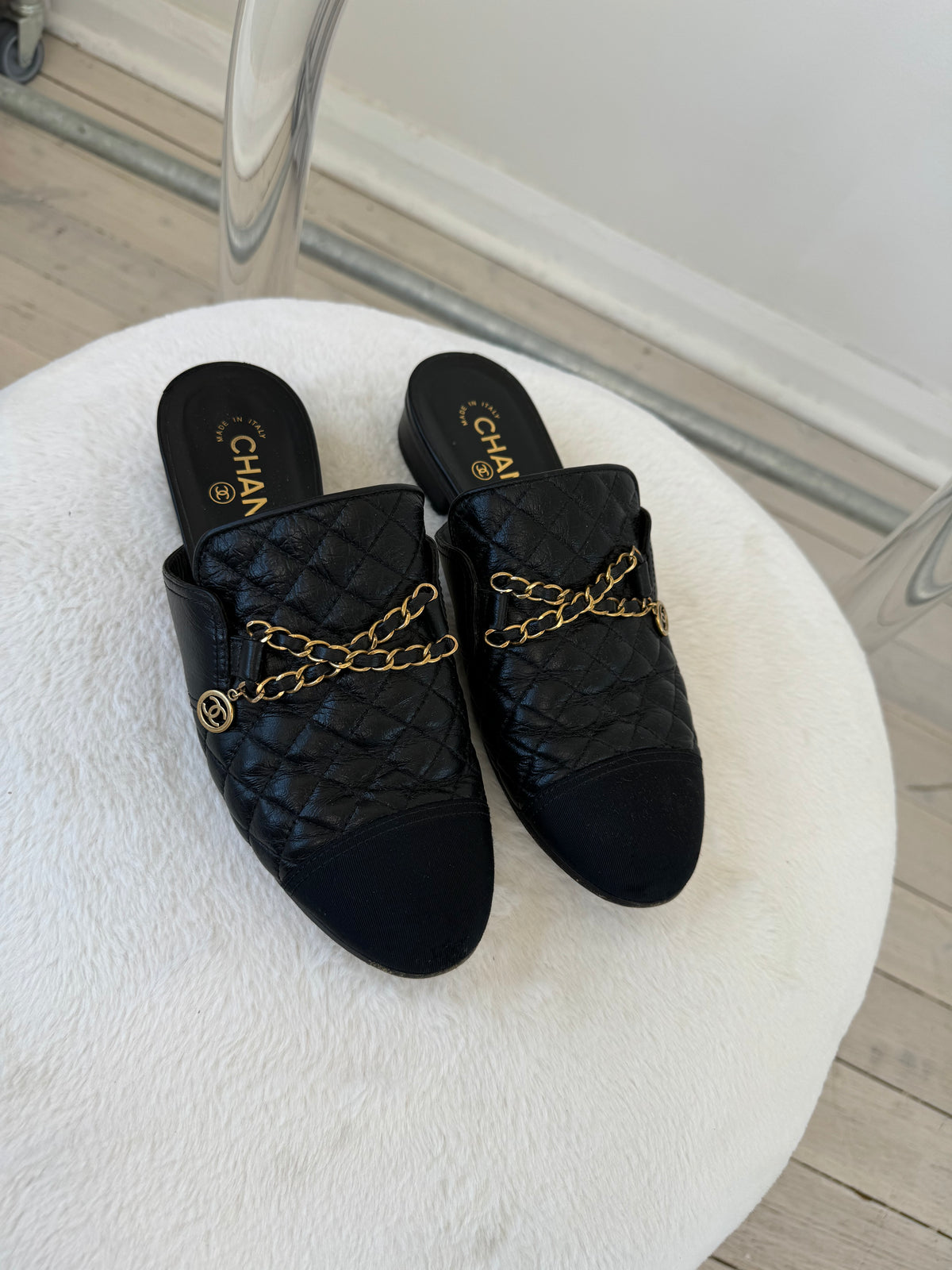 Chanel Black Quilted Leather Chain Details Backless Loafer, 39C