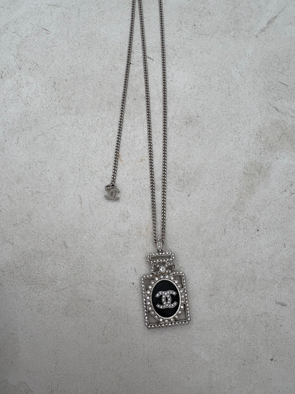 Chanel Silver Crystal Logo Perfume Bottle Necklace