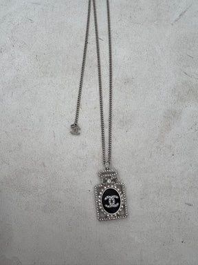 Chanel Silver Crystal Logo Perfume Bottle Necklace