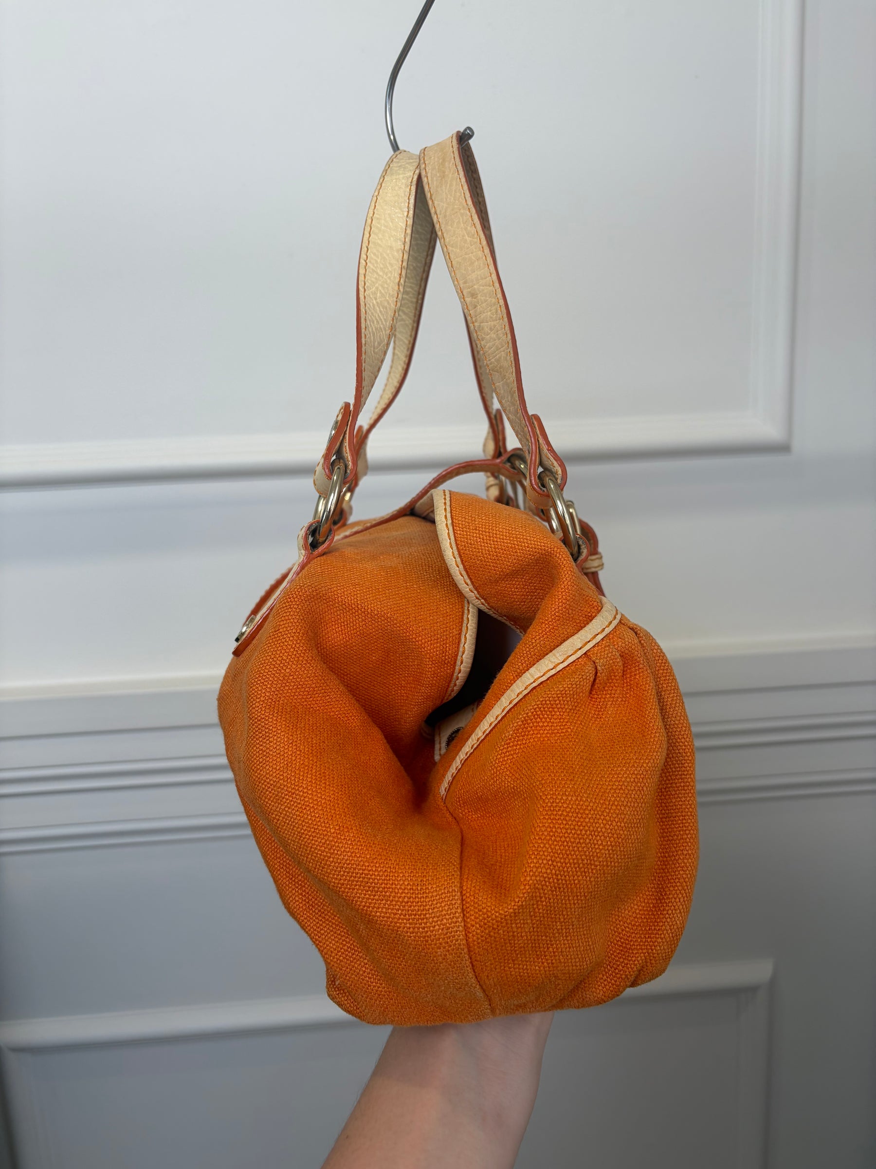 Celine Orange Canvas and Cream Leather Shoulder Bag