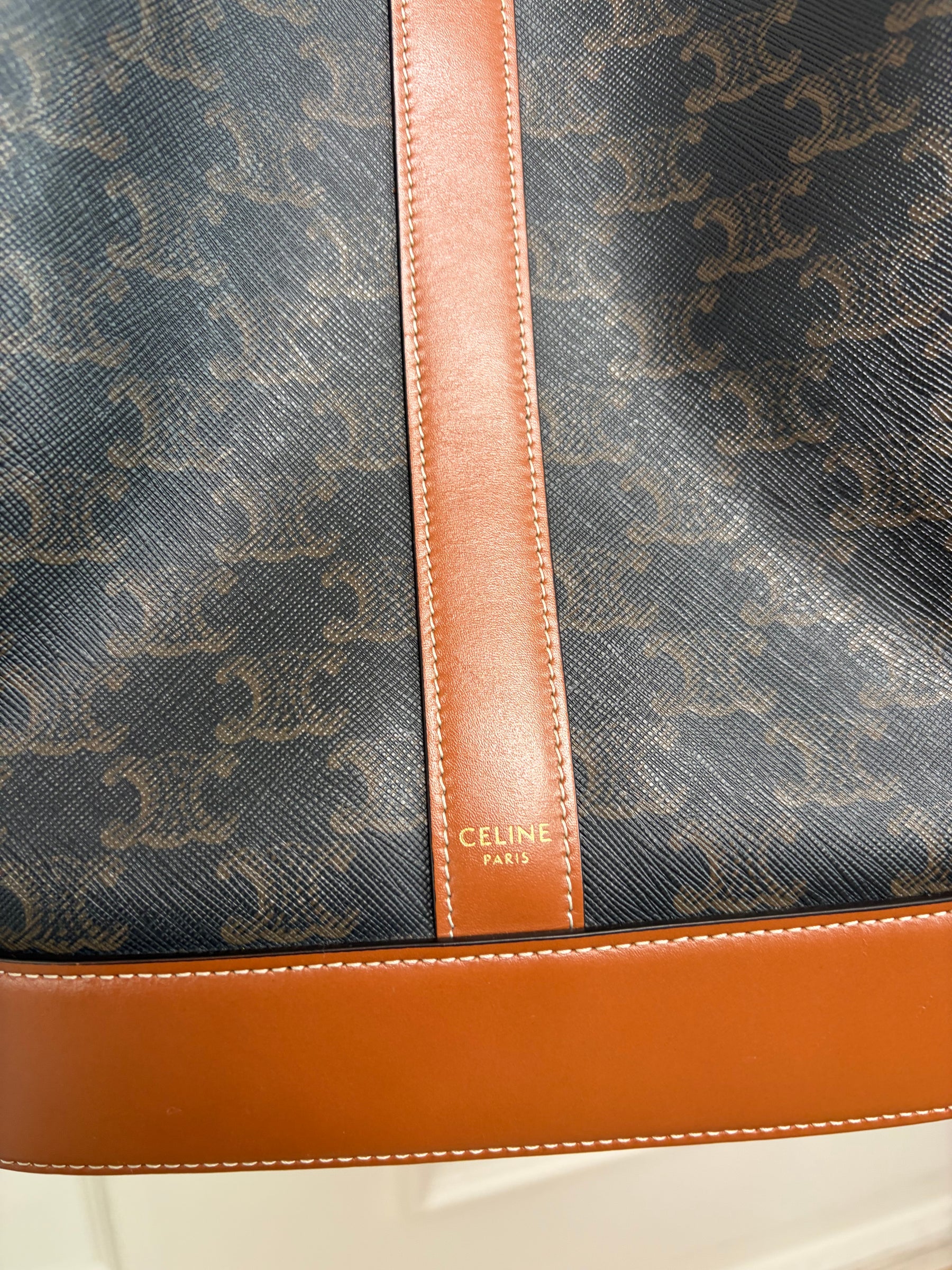 Celine Medium Bucket Bag in Triomphe Canvas and Tan Calfskin