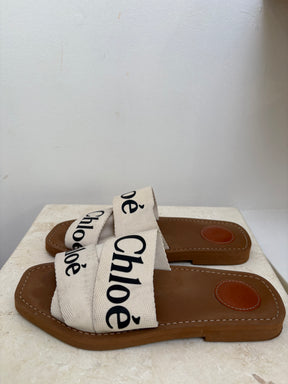 Chloe Woody Canvas Slides In White, 37