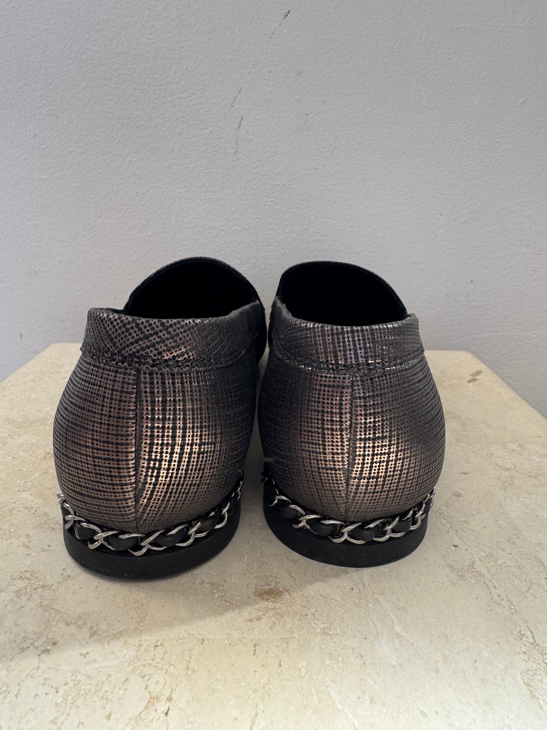 Chanel Dark Bronze Textured Logo Loafer, 39 C
