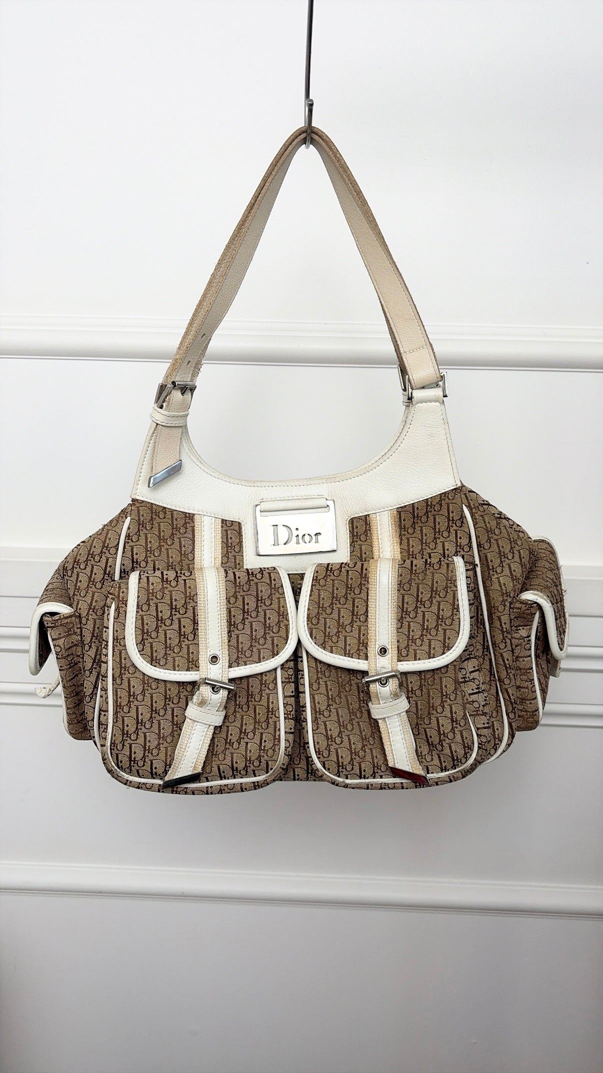 Dior Brown Diorissimo Canvas and White Leather Street Chic Pocket Hobo