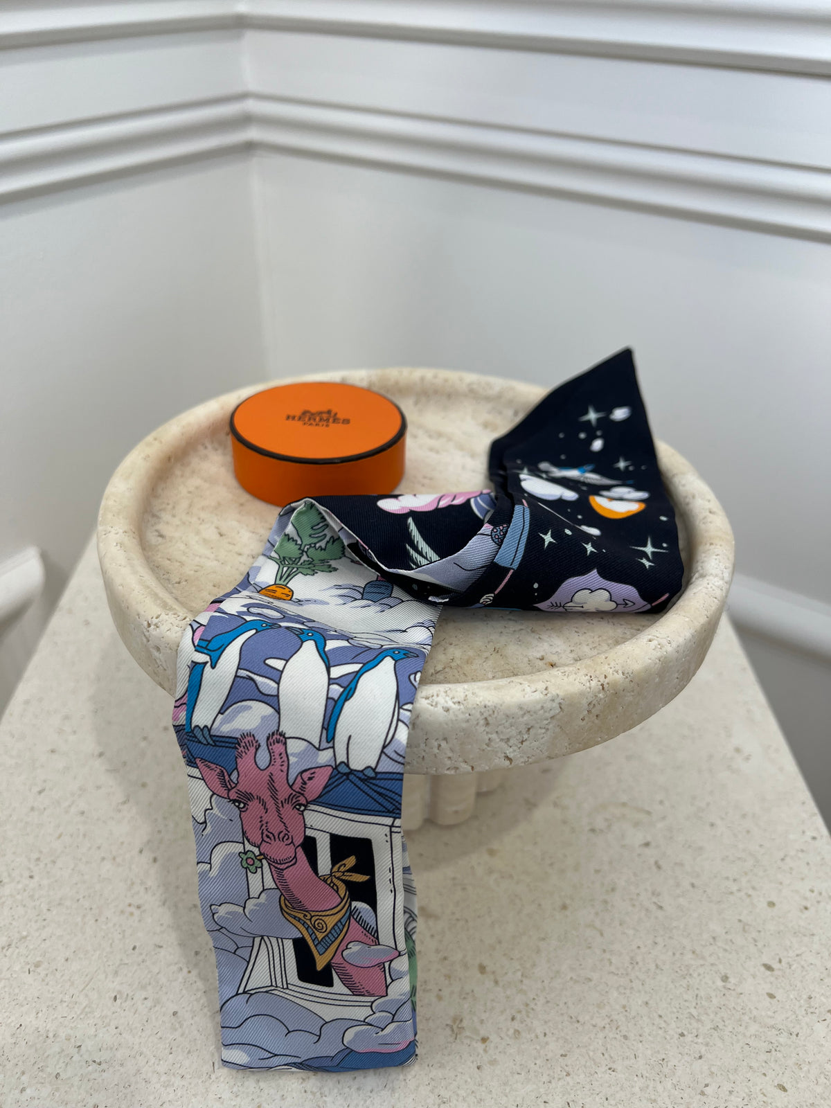 Hermès Black Multi Circus print Silk Twilly