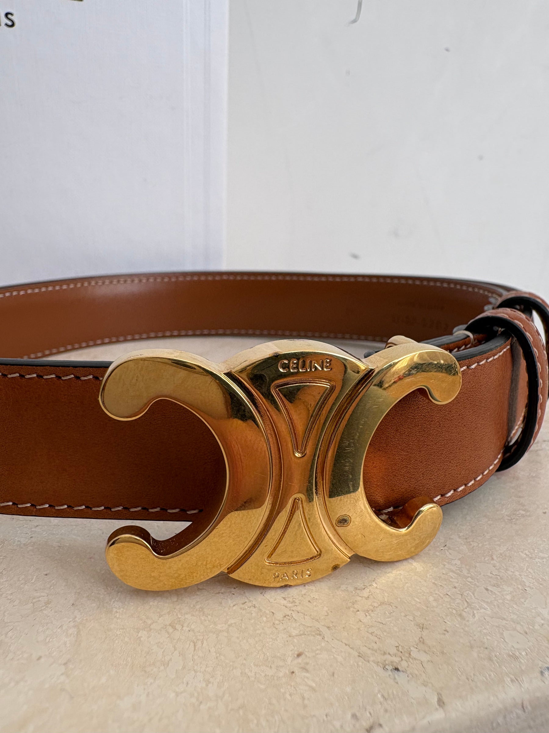 Celine Triomphe Tan Belt Gold HW, 70