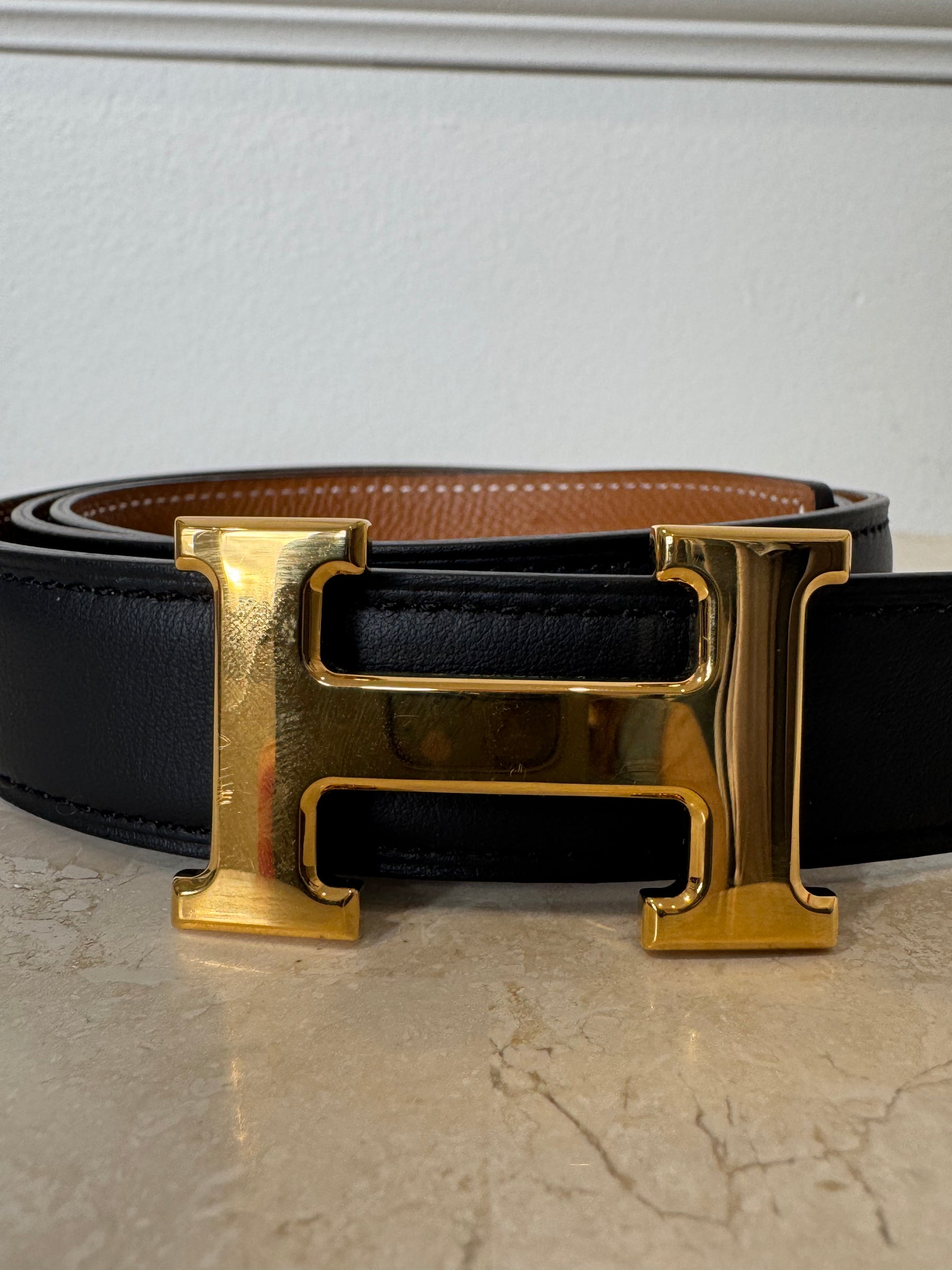 Hermes Reversible Belt Black Tan Gold H, 75