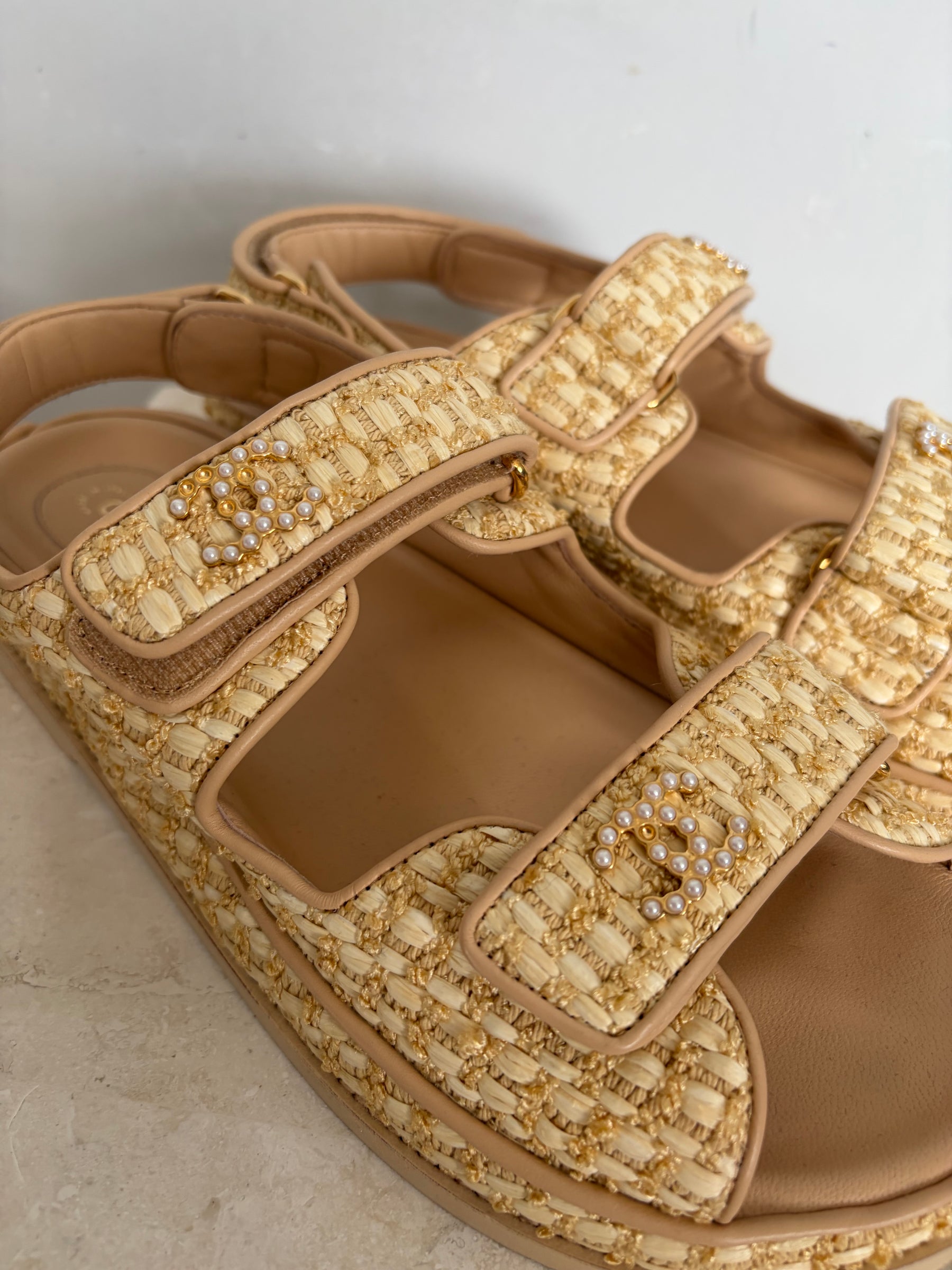 Chanel Raffia Dad Sandals with Pearl Logo, 40 C