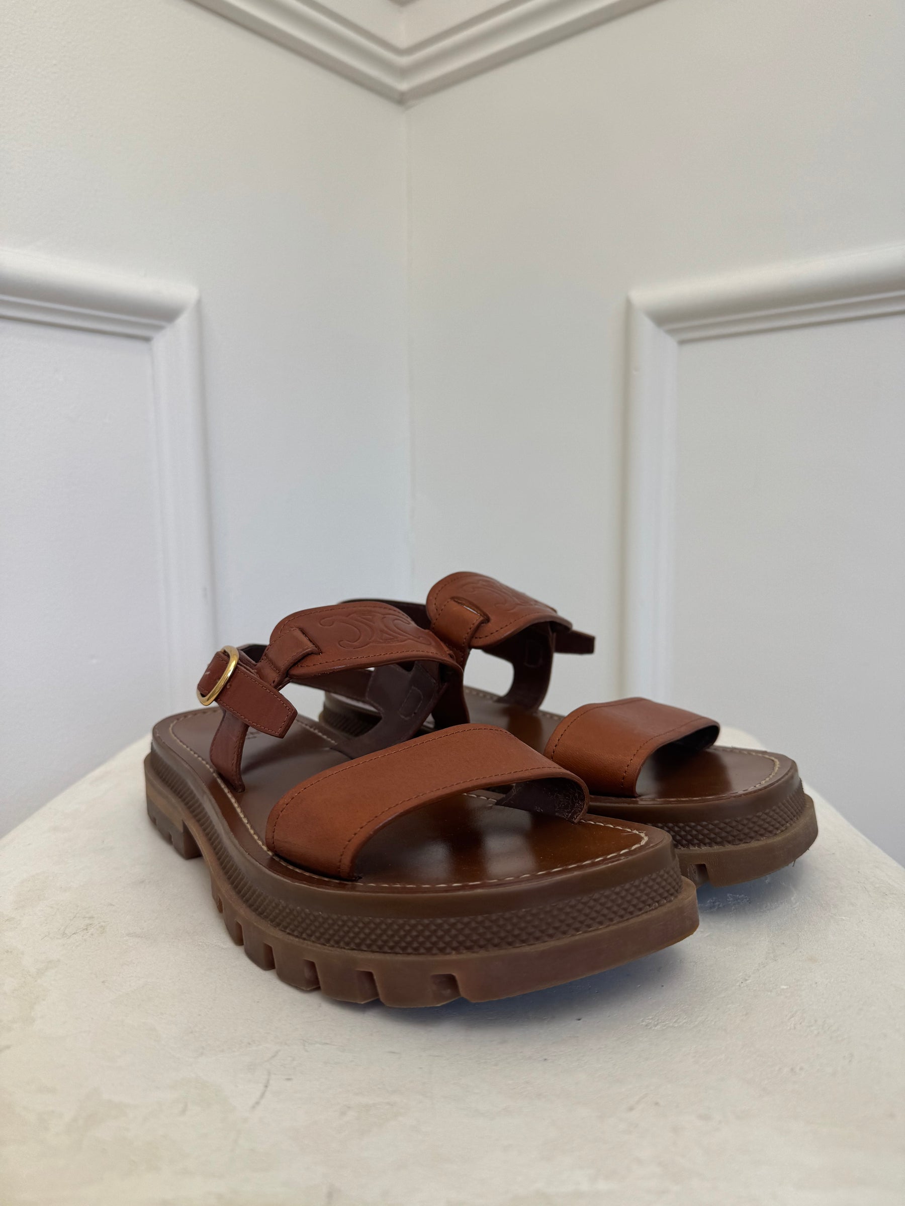 Celine Tan Leather 'Clea' Triomphe Chunky Sandals, 38