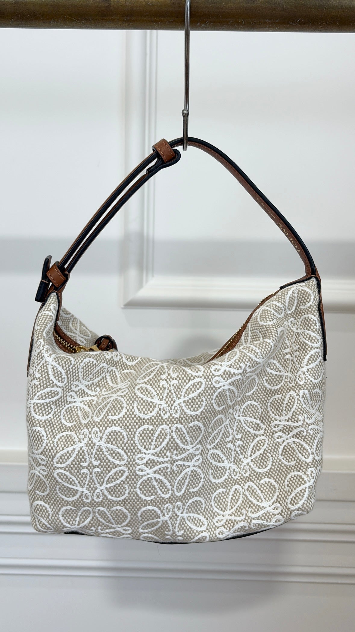 Loewe Beige and White Canvas Anagram Cubi Small Bag with Tan Leather