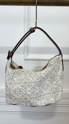 Loewe Beige and White Canvas Anagram Cubi Small Bag with Tan Leather