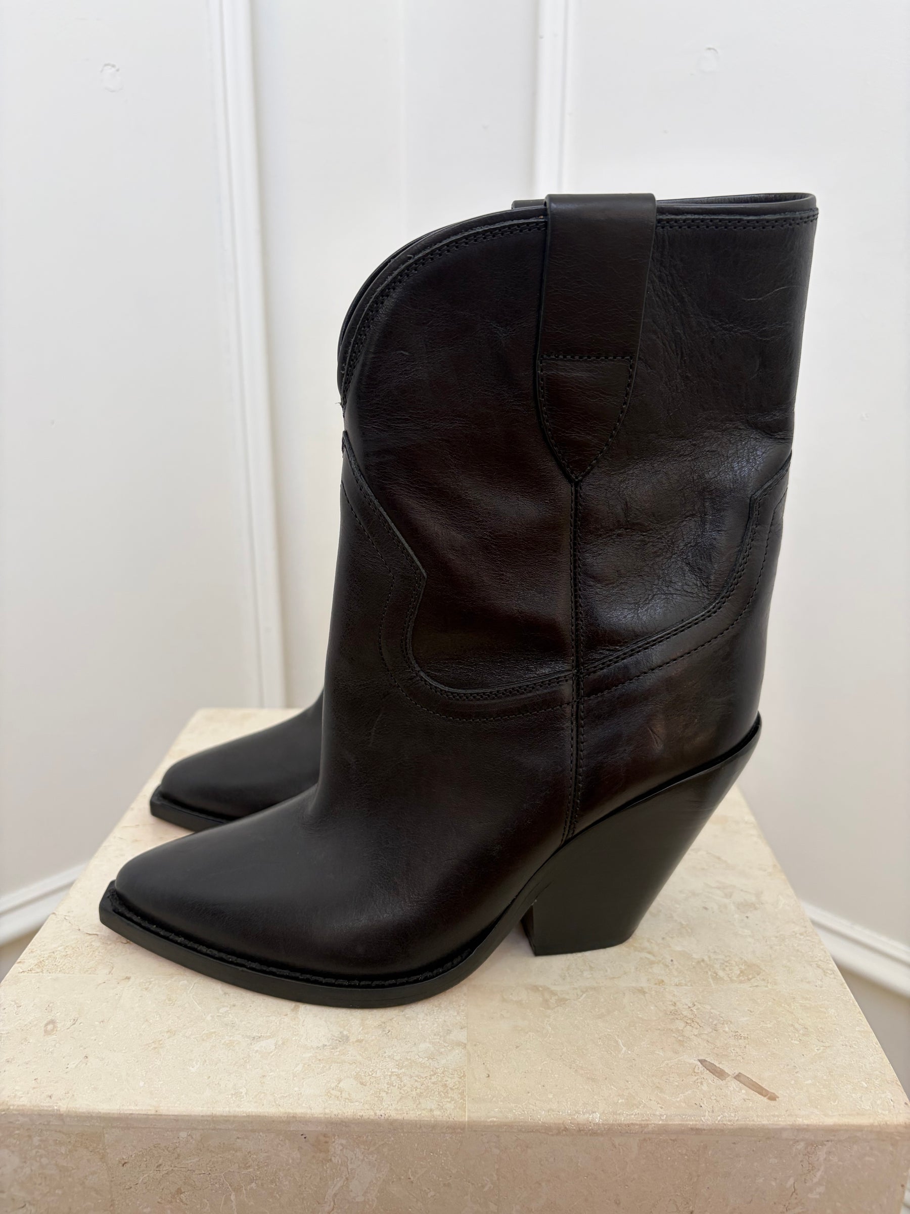 Isabel Marant Black Leather Western Ankle Boots, 38