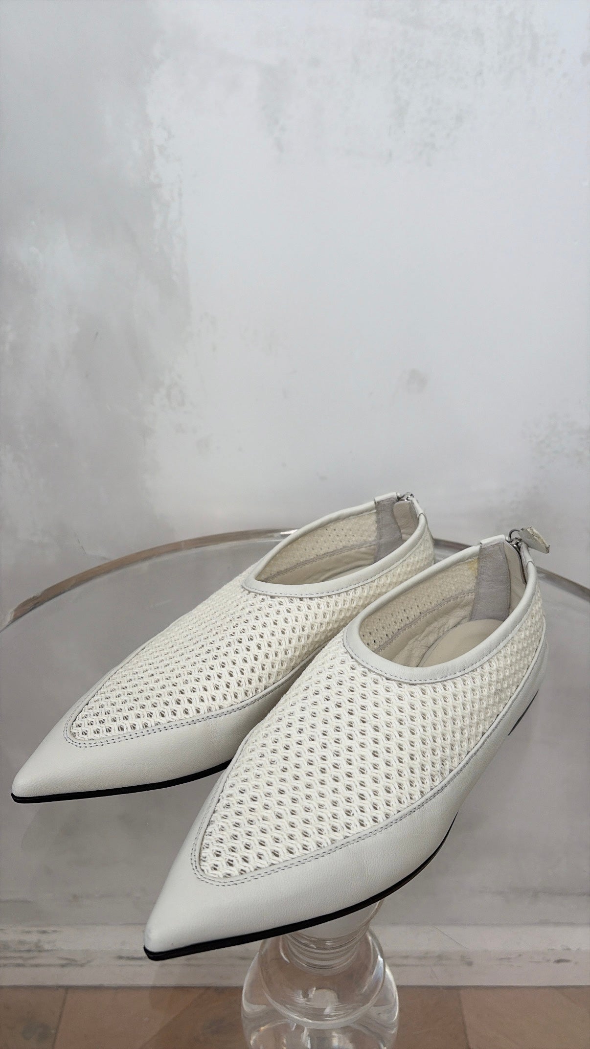 bassike Off White Pointed Toe Mesh Leather Flats, 37