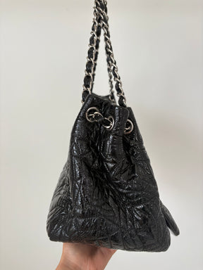 Chanel Black Coated Quilted Hobo Flap Bag
