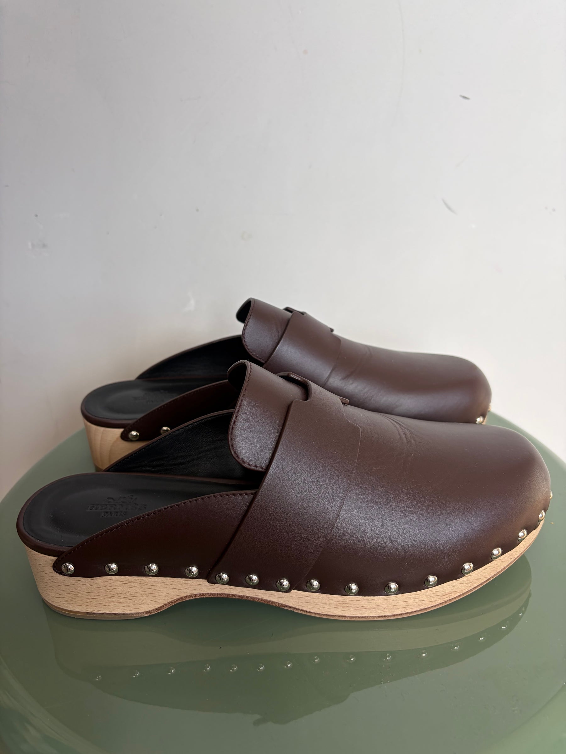 Hermès Brown Leather Calya Clog Mule, 41